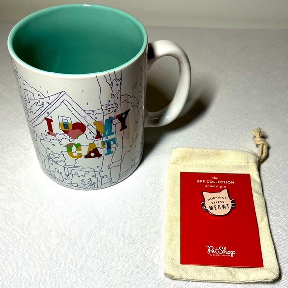 Cat-Themed Mug & Pin. New. Mug - I LOVE MY CAT. Pin - Mornings Stresses MEOWT. - Picture 1 of 10